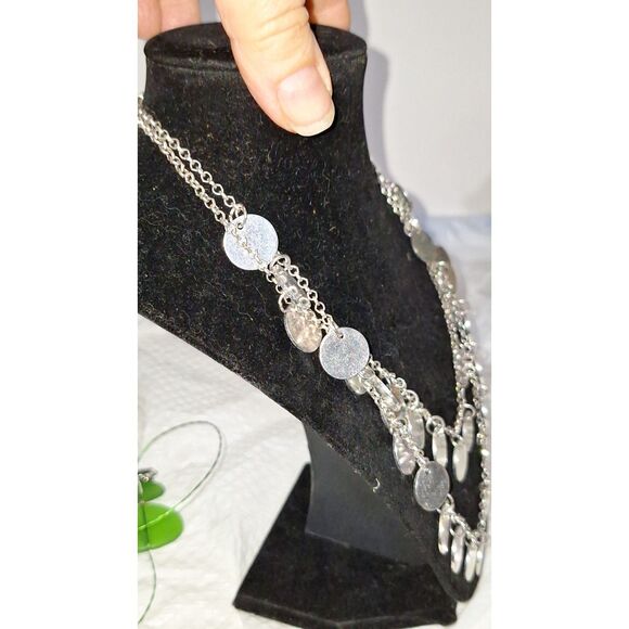 A Double Layered Silver Disc Women's Necklace Coin Statement Cocktail Evening - Picture 8 of 9